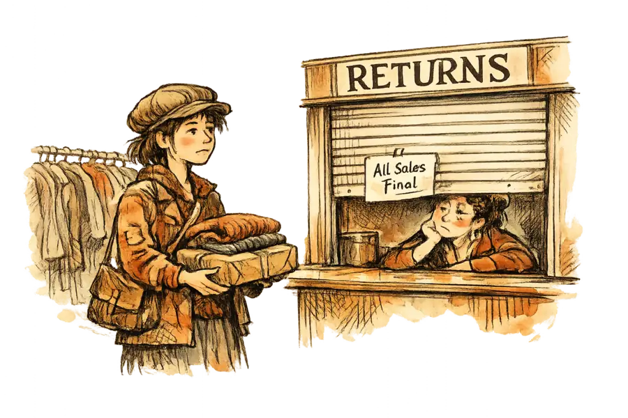 A young resale shopper holds a returned garment at a half-shuttered store returns counter marked 'All Sales Final.'