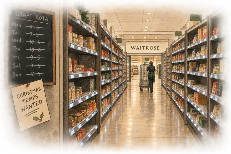 An empty British supermarket aisle at closing time, electronic shelf labels glowing along the shelf edges while a rota board on the far wall shows most shifts crossed out beneath a hand-lettered Christmas temps card.