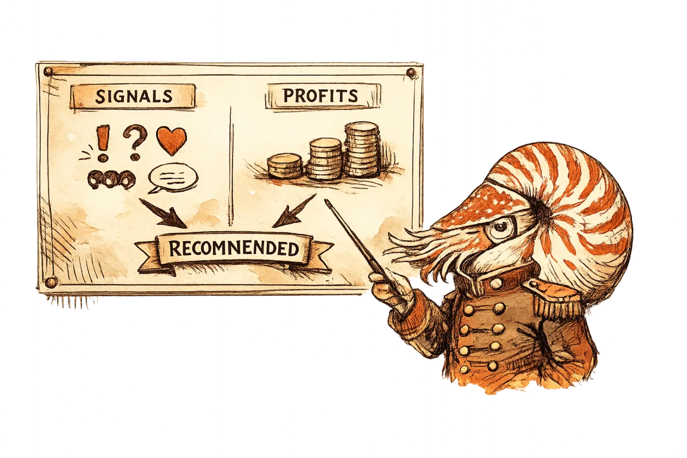 Admiral Neritus Vale studies a recommendation engine diagram where two inputs — shopper signals and placement fees — converge on a single output arrow