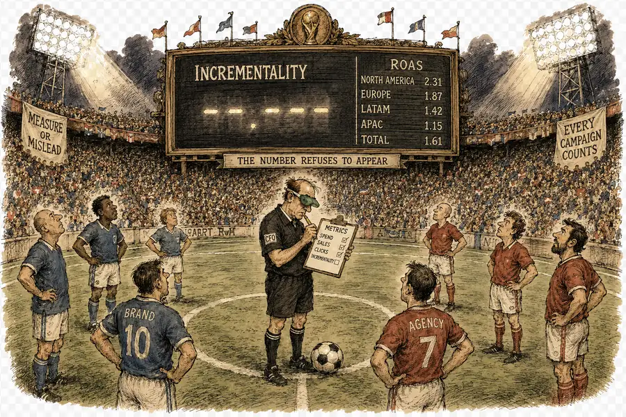 A floodlit World Cup stadium whose scoreboard displays advertising metrics instead of a score, with Walmart Connect and Amazon Ads boards pitchside and a referee studying a clipboard at the center circle.