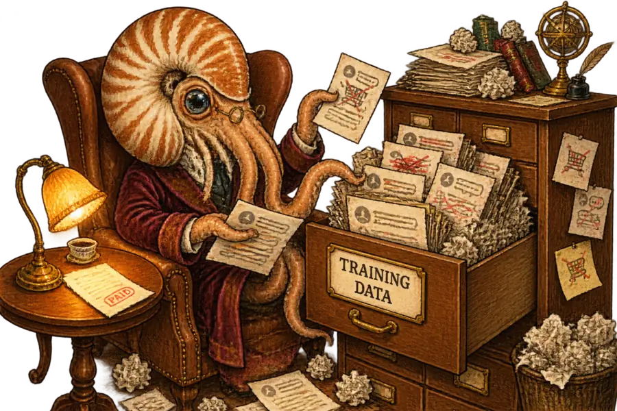 A nautilus sorts a tall stack of crossed-out chat transcripts into a filing cabinet marked TRAINING DATA while one paid receipt sits alone on a side table.