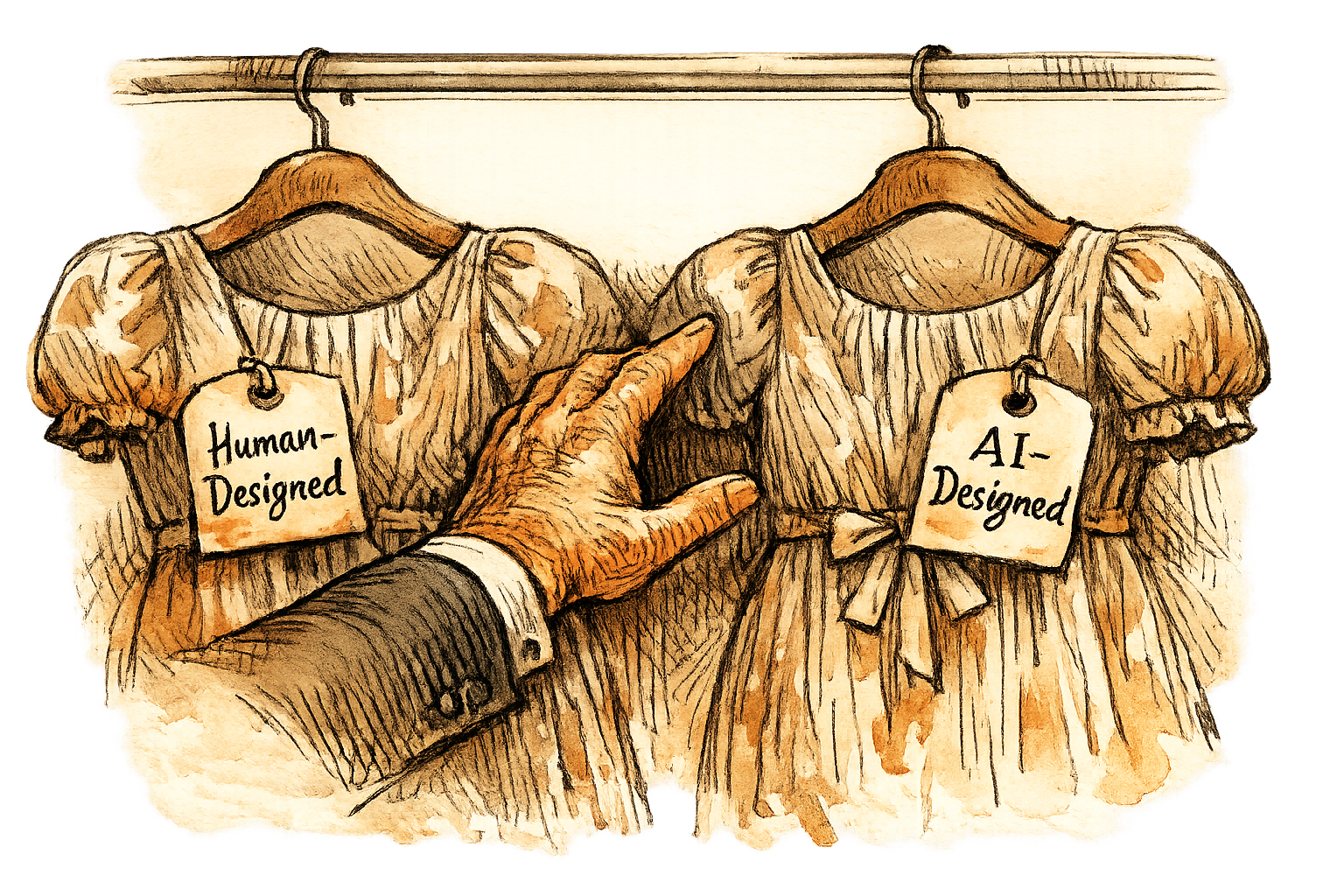A shopper's hand reaching between two identical dresses on a rack, one with a hand-lettered tag reading "human-designed" and the other "AI-designed," the dresses indistinguishable. Close-up composition, hand at center. Clinical mood.