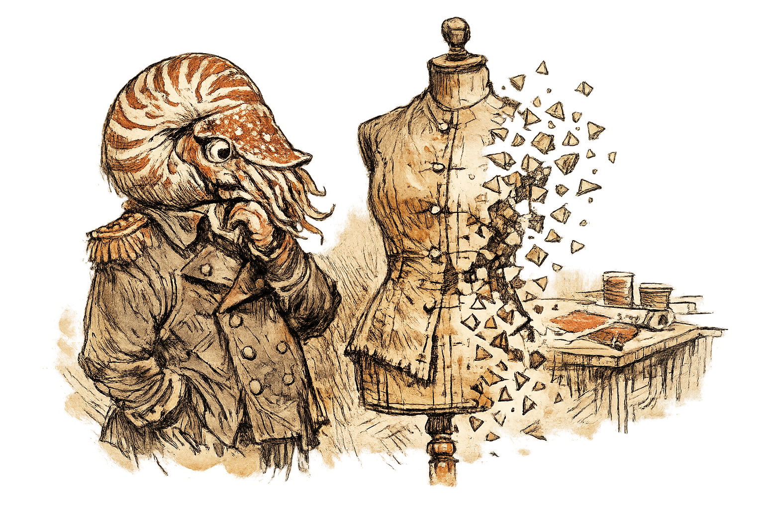 Admiral Vale, a nautilus in military attire, examines a dress form where a garment splits between handcrafted fabric and dissolving geometric fragments