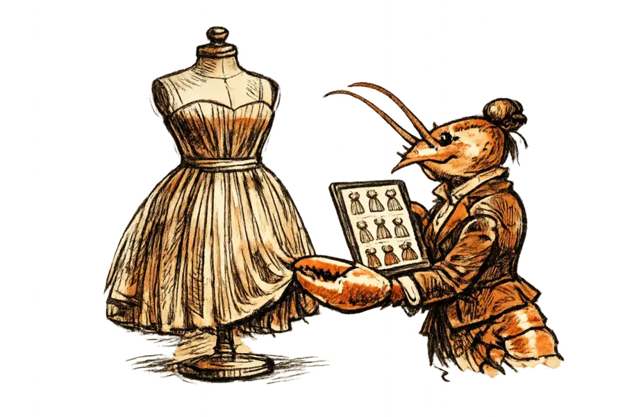 Parallax Pincer, a lobster in a tailored jacket, examines a pleated taffeta gown on a dress form while holding a tablet showing rows of AI-generated garment variations