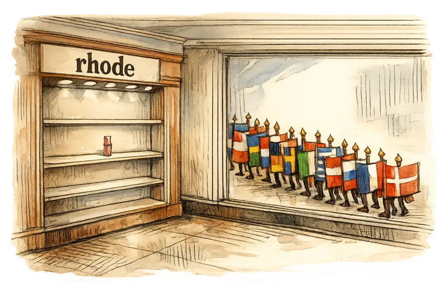 A nearly empty rhode shelf bay in a Sephora store while nineteen small European flags queue outside the window
