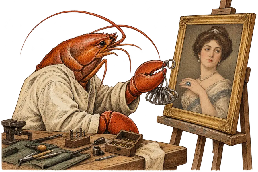 A lobster at a jeweller's bench holds a metal ring gauge up against a framed portrait in which the sitter's ring is several sizes too wide.