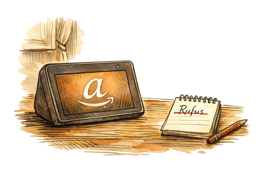 An Amazon Echo Show on a kitchen counter glowing with a cursive lowercase A icon, beside a notepad with the word Rufus crossed out in ink
