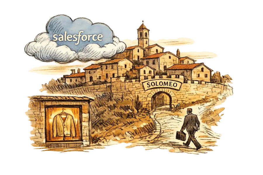 The Salesforce cloud logo drifting over a small Umbrian hill town of stone houses, with a cashmere cardigan lit in a shop window below