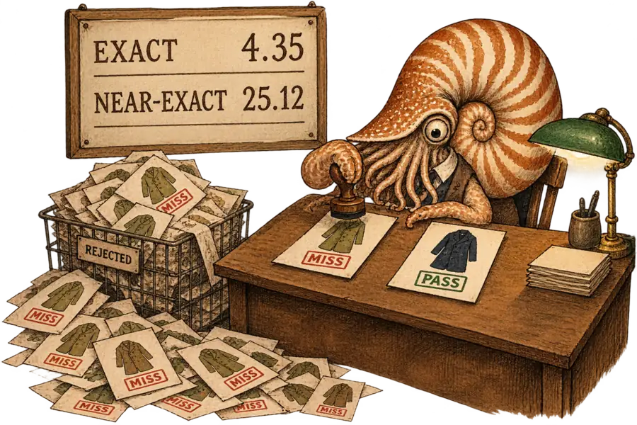 A nautilus grading clerk stamps 'MISS' on a card showing an olive coat while a tally board behind him reads EXACT 4.35 and NEAR-EXACT 25.12.