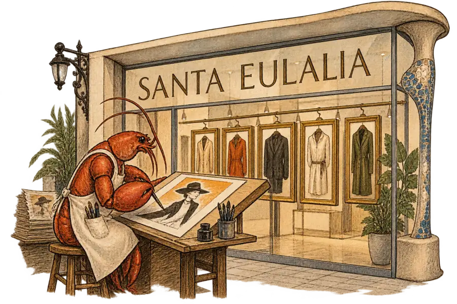 A lobster in a shopkeeper's apron inks an advertising poster by hand at a drafting table, while behind her every garment on the shop rail hangs inside its own picture frame.