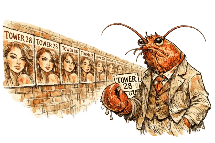 A lobster in a rumpled linen suit holds one damp Tower 28 sample card on a busy sidewalk, standing before a wall of identical printed posters that repeats into the distance.