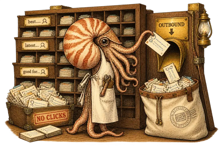 A nautilus in a clerk's apron posting a card from a tray marked NO CLICKS into a brass chute marked OUTBOUND, beneath pigeonholes labelled with half-finished search queries.