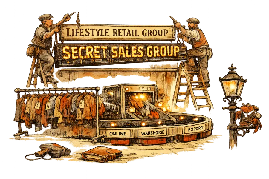 A shop sign reading 'Lifestyle Retail Group' is taken down and replaced by an illuminated 'Secret Sales Group' sign whose letters are built from server racks, while a rail of clearance clothes feeds a sorting machine and an abandoned price-gun lies on the pavement; a small crab in a waistcoat watches from a lamp.