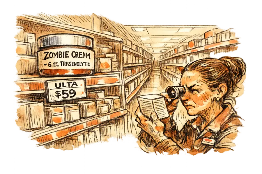 A jar of face cream on a retail beauty shelf under a $59 shelf tag, with a store assistant squinting at the fine print through a loupe.
