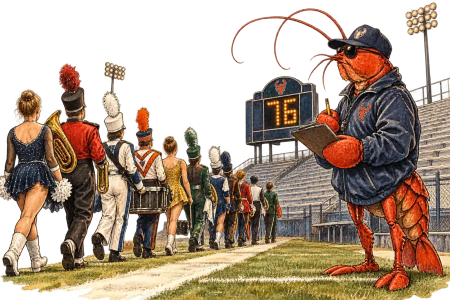 A lobster in a rumpled windbreaker stands on the sideline of an empty football stadium with a clipboard, counting a ragged line of students in mismatched marching band uniforms and dance kit, the scoreboard behind them showing the number 76.