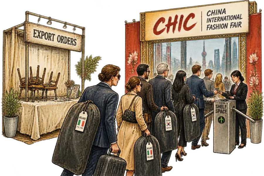 A queue of foreign brand representatives with garment bags waits at a CHIC turnstile marked Shelf Space while an unstaffed Export Orders booth sits empty beside it.
