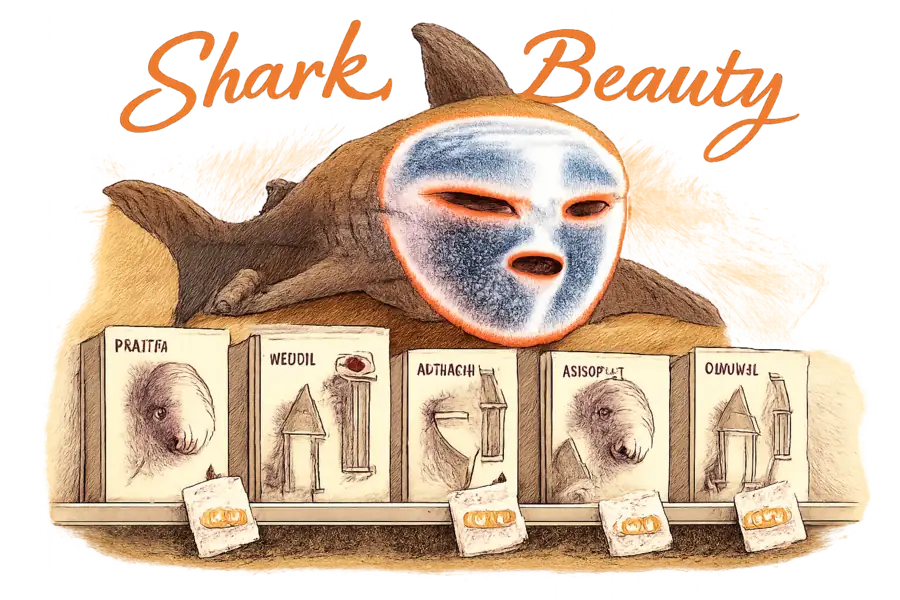 A shark emblem wearing a glowing LED facial mask, looming over a shelf of smaller premium beauty-device boxes marked with high price tags.