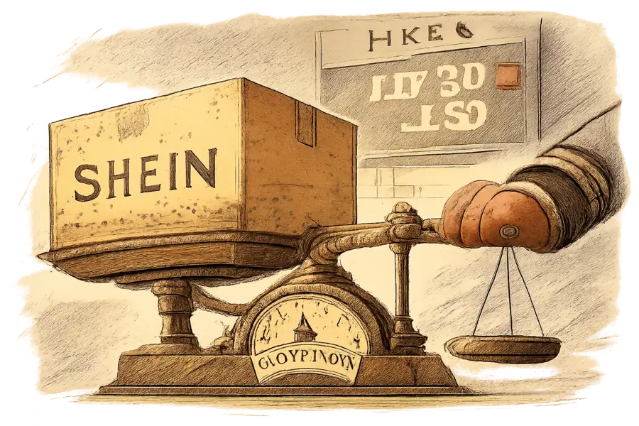 A parcel marked with the Shein wordmark sitting on a customs weighing scale in front of a Hong Kong Stock Exchange listing board