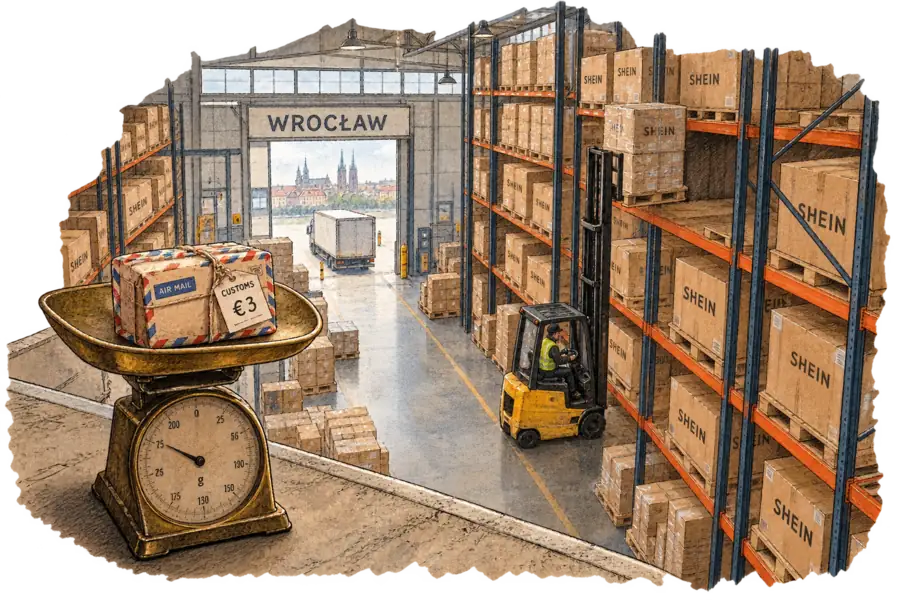 A vast warehouse near Wrocław with racks of Shein-branded cartons and a forklift raising a full pallet, while one small air-mail parcel with a €3 customs tag sits on a postal scale in the foreground