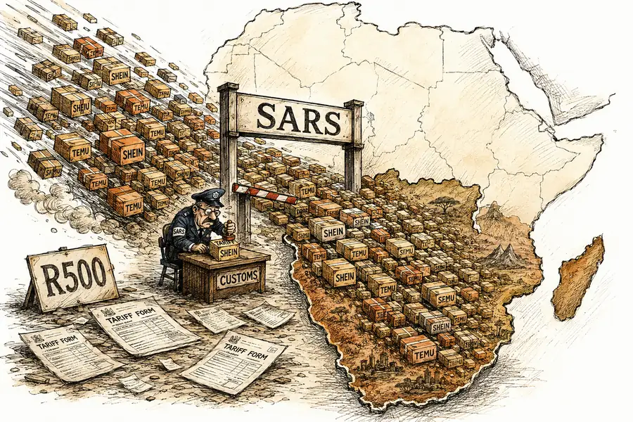 Parcels labelled Shein and Temu cross a SARS customs gate into a map of southern Africa as a lone, overwhelmed customs officer waves them through.