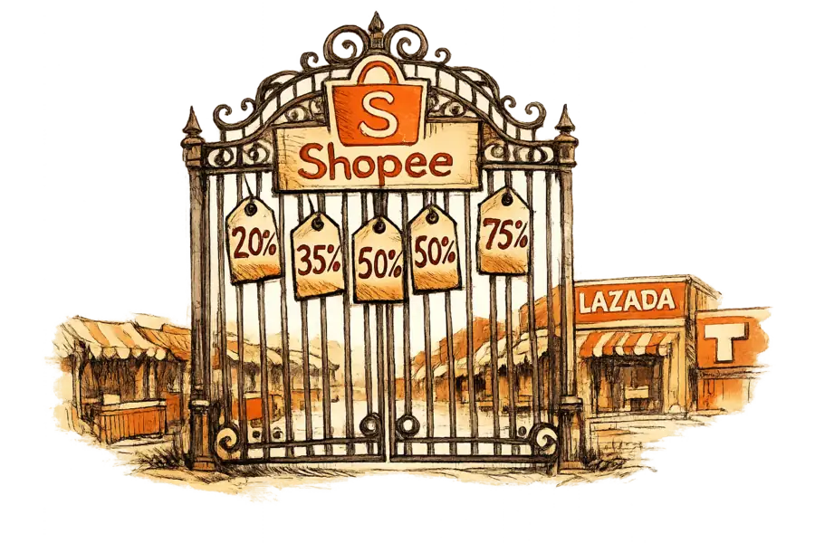 Shopee marketplace gate with rising fee tags as small stalls empty and branded shops fill the spaces behind it