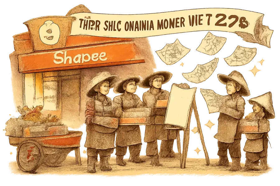 Shopee Vietnam storefront with SME sellers gathered under a 2026 training banner while Decree 117 tax forms drift down from the sky