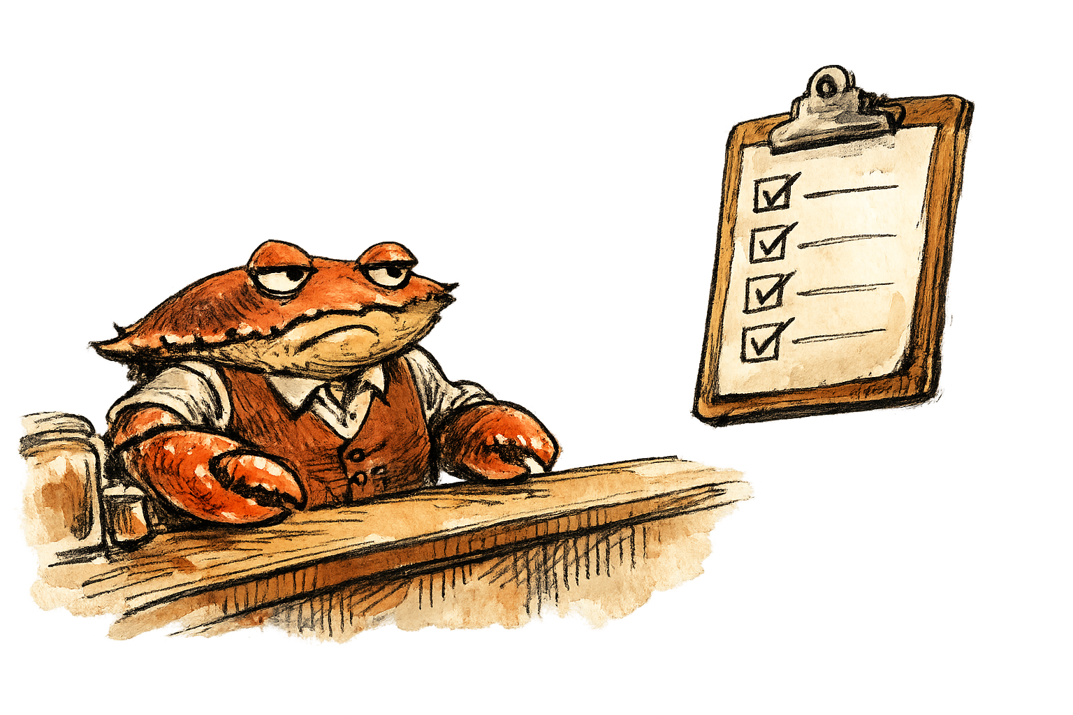 A crab in a waistcoat stands at a shop counter, but instead of a customer across from him there is only a floating clipboard with checkboxes — no person attached. The crab looks unimpressed. Viewed from the side, slightly low angle.