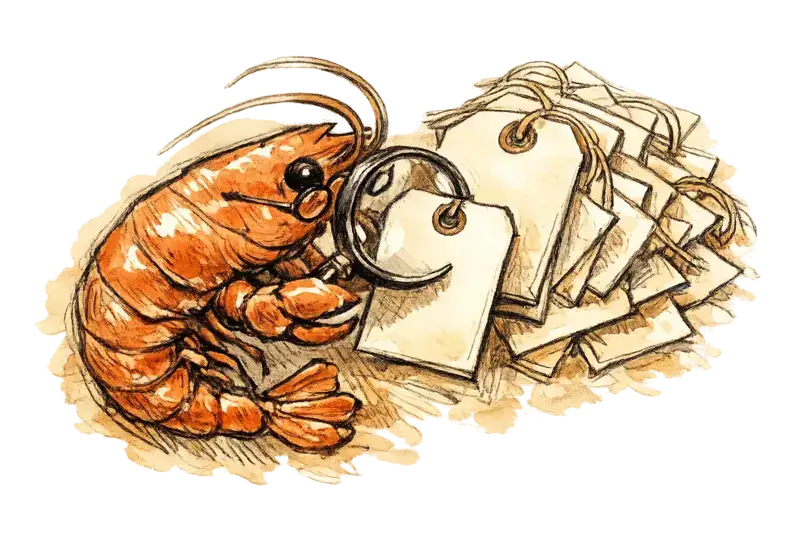 A shrimp with spectacles peers through a magnifying glass at a clothing tag, but the tag is blank — no text, no size, no material. A stack of similar blank tags piles behind her. Close-up, overhead angle, investigative mood.