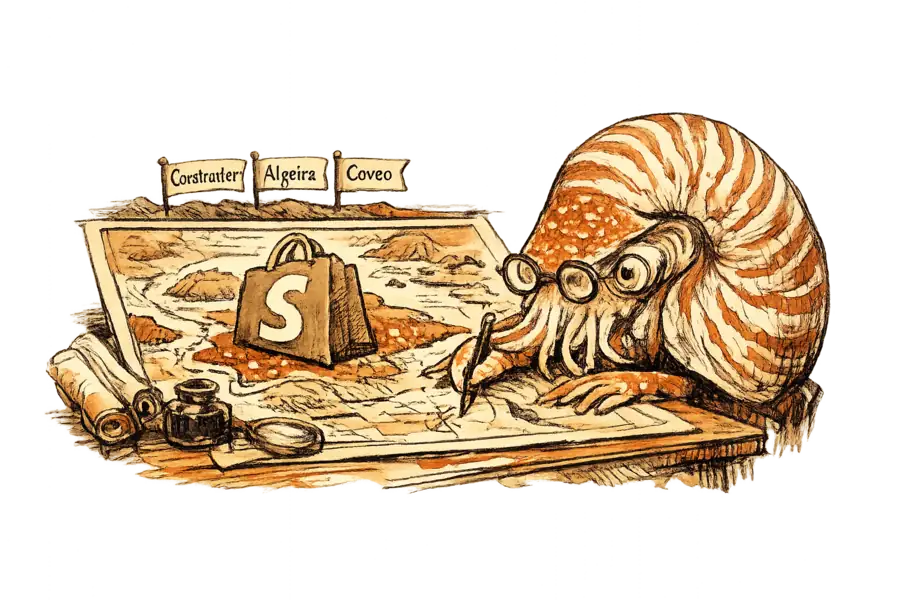 A nautilus at a cartographer's desk redrawing a market map where the Shopify shopping bag covers most of the territory, with three small vendor flags squeezed into a narrow strip at the top