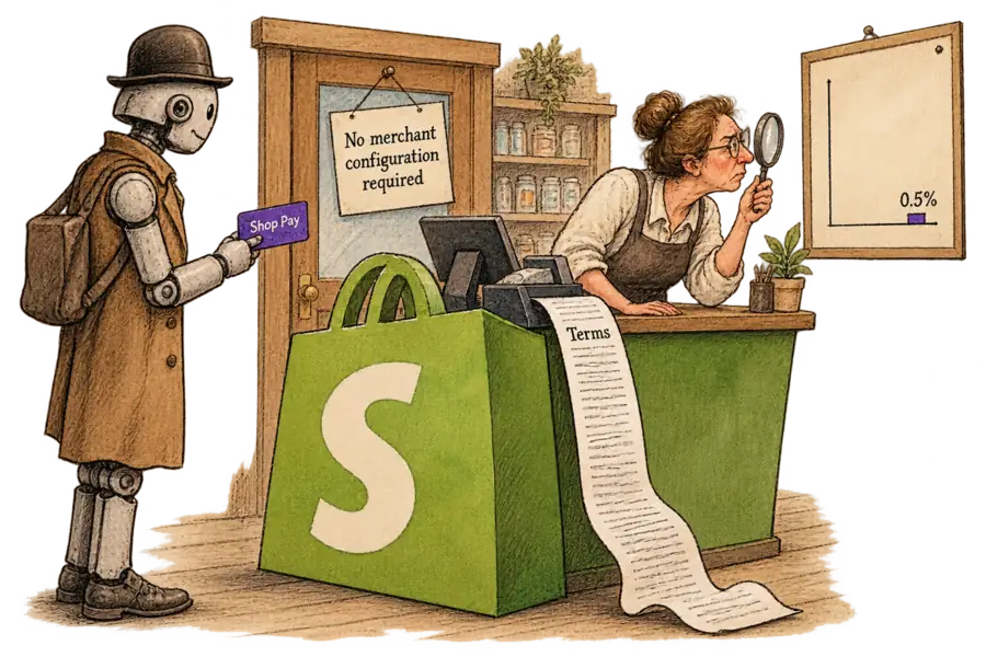A robot shopper in a bowler hat pays with a Shop Pay card at a counter shaped like the Shopify bag logo, while the shopkeeper squints through a magnifying glass at a wall chart showing a sliver labelled 0.5%.