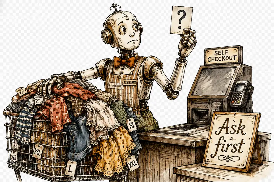 A shopping-assistant robot pauses over a cart of mismatched clothes, holding up a question-mark card instead of checking out.