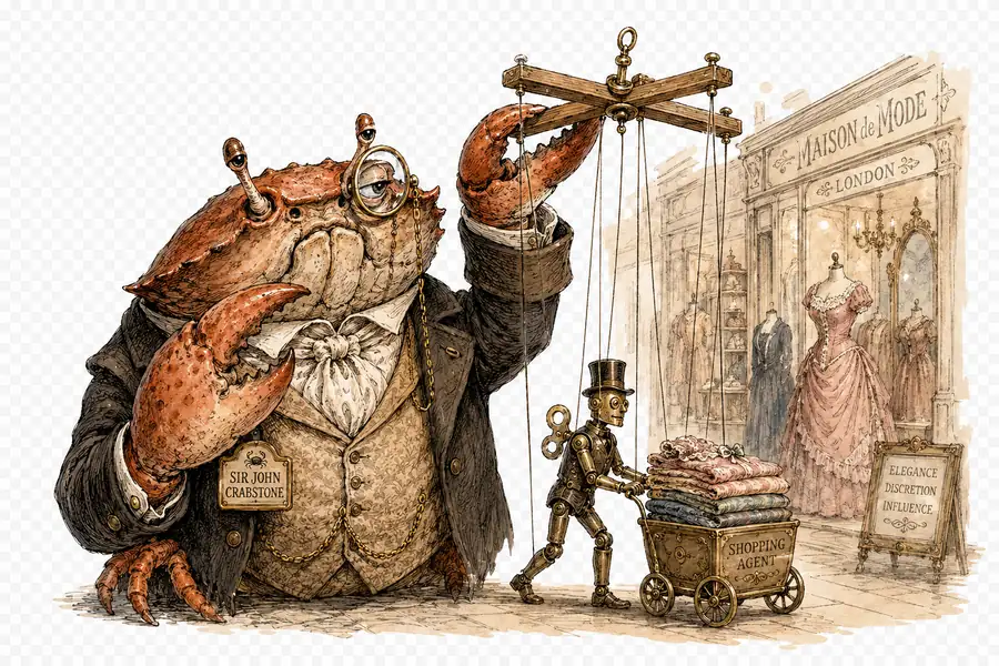 A waistcoated crab in a monocle inspects a puppeteer's control bar whose strings work a small clockwork shopping-agent pushing a cart of dresses.