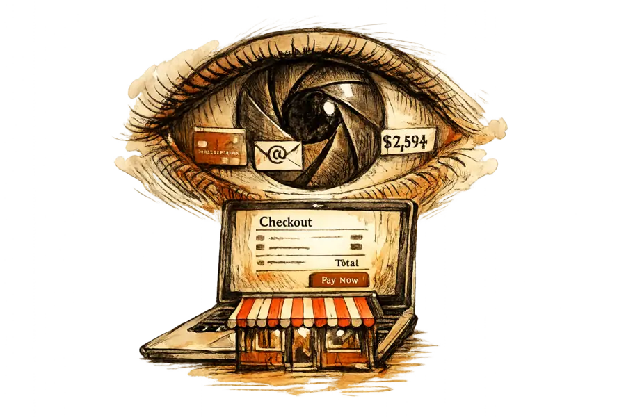 An eye built from camera-shutter blades hovers over a laptop checkout screen, reflecting a credit card, an open email, and a bank balance.