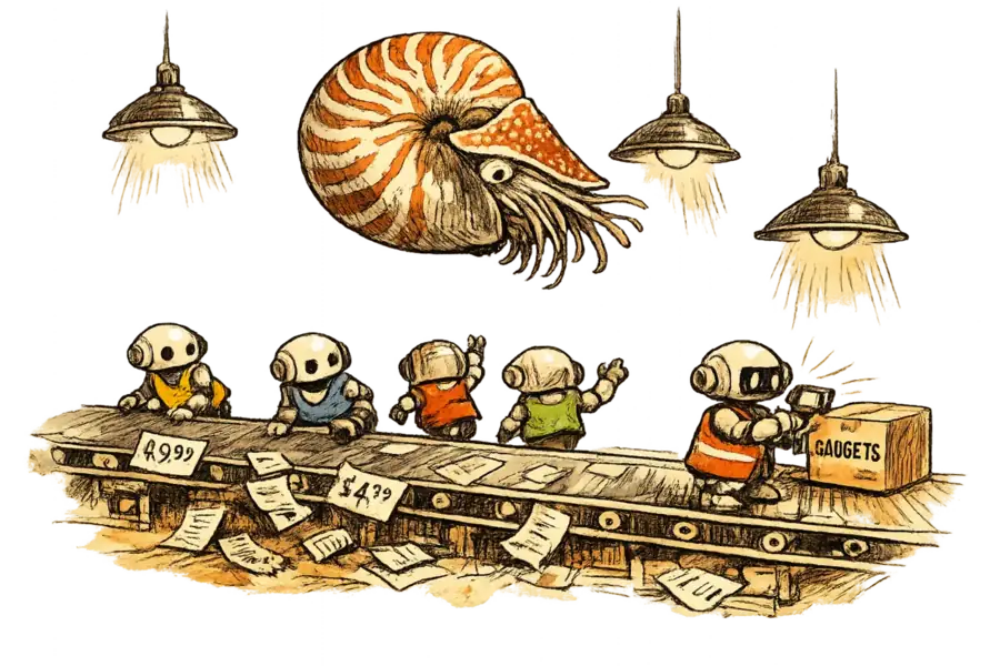 A nautilus floating above a warehouse conveyor belt where small robotic figures in colored vests have wandered from their stations