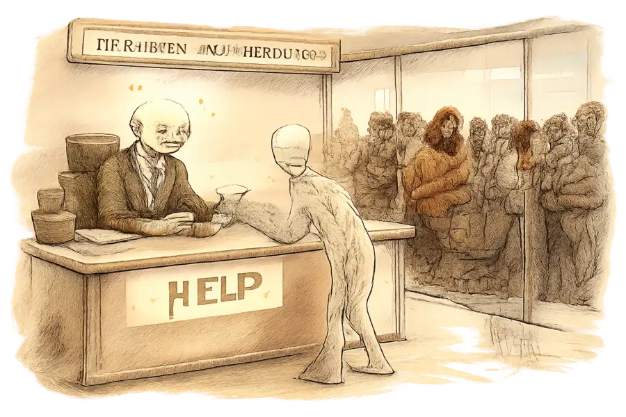 A polite mannequin shopper consults with an LLM agent at a benchmark counter; behind a glass partition, impatient real shoppers wait, ignored.