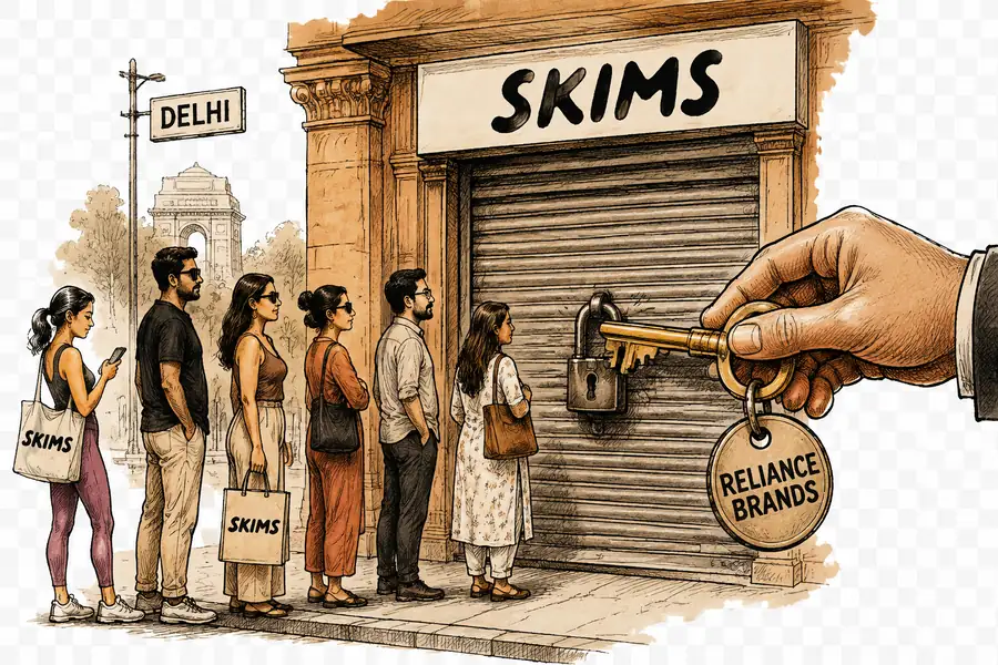 A shuttered storefront with hand-lettered SKIMS signage, its padlock opened by a large keyring stamped RELIANCE BRANDS, as shoppers queue at the kerb.