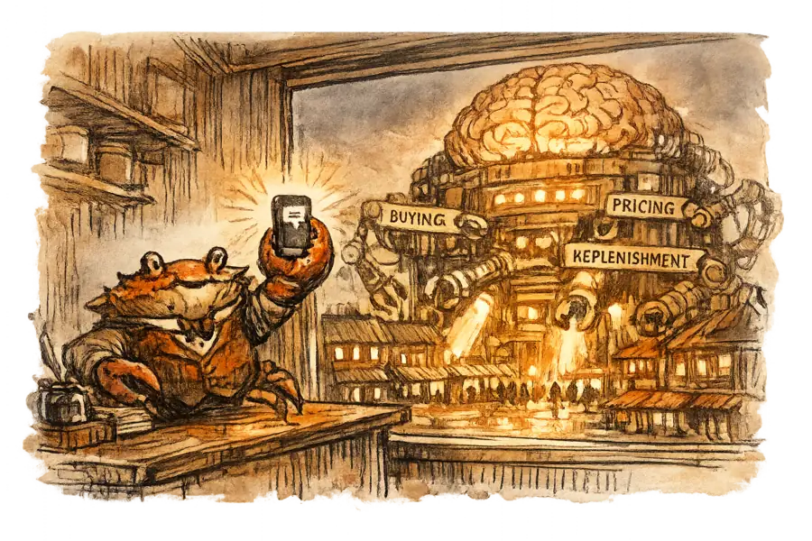 A waistcoated crab on a shop counter holds up a single phone running a chatbot, while through the window a vast chain-store machine wires AI through buying, pricing and replenishment.