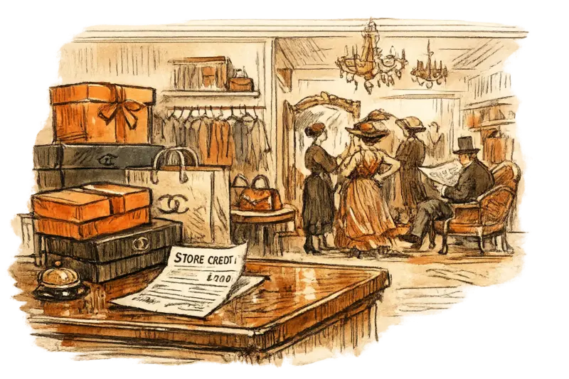 A Sandro boutique interior showing a pre-loved return counter in the foreground, original branded packaging boxes stacked neatly, a 'store credit' receipt visible. Counter at center-left, boutique space receding into background. Mood: observational.