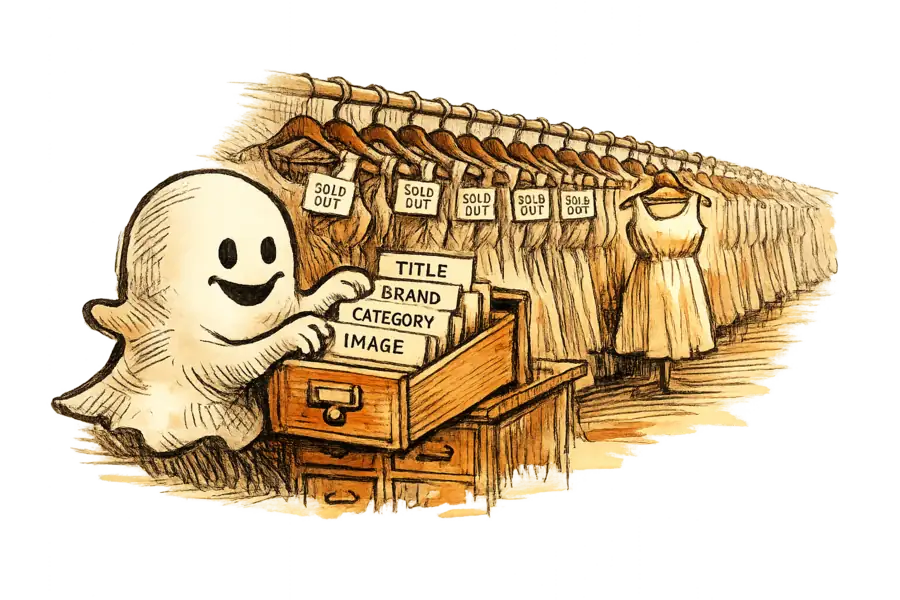 The Snapchat ghost pulling four index cards from a card catalogue while a rack of dresses behind it hangs with SOLD OUT tags.