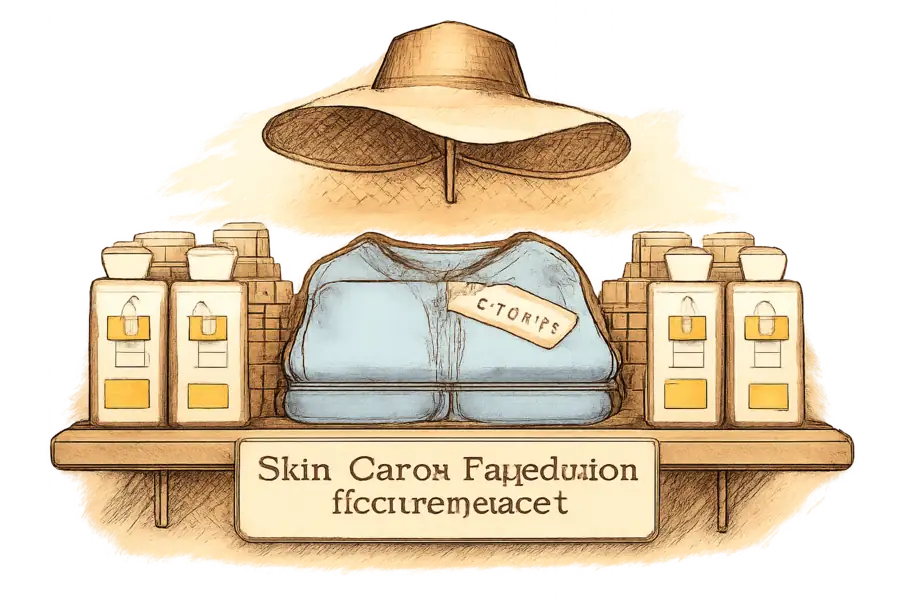 Ein Einzelhandelsregal mit einem Solbari UPF50+-Shirt zwischen Flaschen mineralischen Sonnenschutzmittels und einem breitkrempigen Sonnenhut, mit einem Empfehlungsschild der Skin Cancer Foundation.