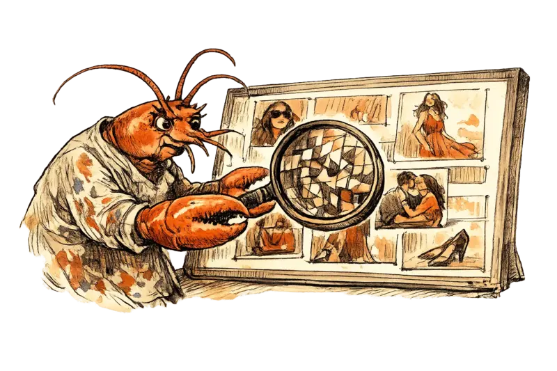 Parallax Pincer the lobster examines a fashion campaign image on a lightboard through a magnifying glass, revealing pixel fragments beneath the surface