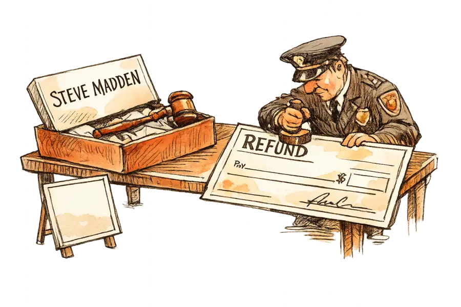 A shoebox hand-lettered STEVE MADDEN sits on a customs inspection bench beside a judge's gavel while an officer stamps a refund cheque
