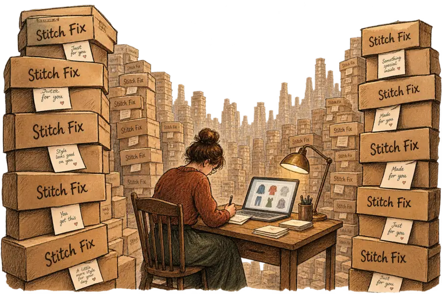 A lone stylist writes a note by hand at a small desk, hemmed in by towering stacks of Stitch Fix boxes that recede into the distance, while a laptop beside them shows a grid of clothes picked by software.