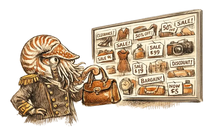 Admiral Neritus Vale studies a recommendation engine output displaying discount products, while holding a premium item he clearly intended to buy