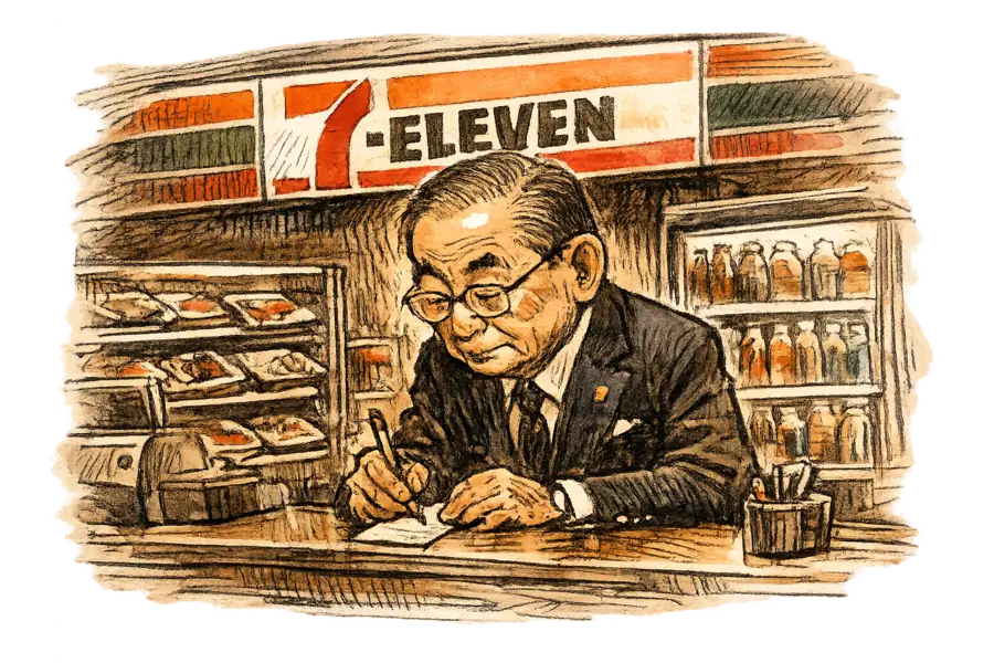 Caricature of Toshifumi Suzuki writing a single paper order ticket behind a 7-Eleven counter at night.