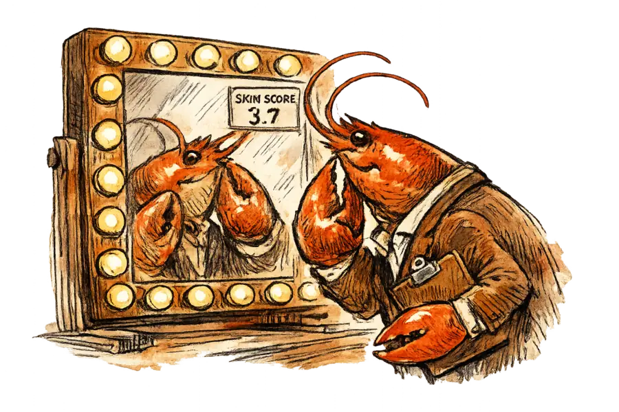 A lobster in a blazer leans toward a bulb-framed vanity mirror, admiring its glowing reflection while a small skin-score readout in the corner goes ignored.