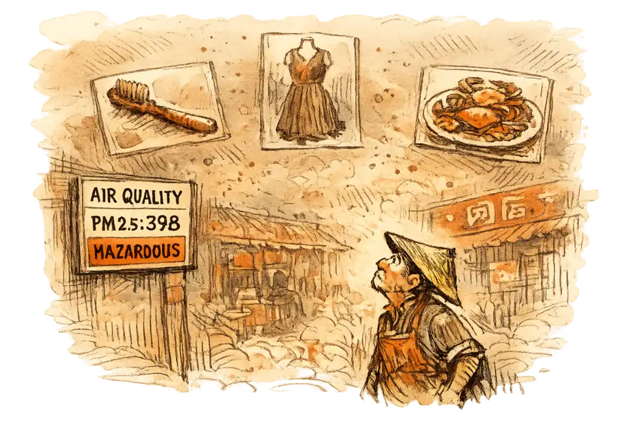 A Chinese e-commerce marketplace obscured by a haze of drifting AI-generated product images