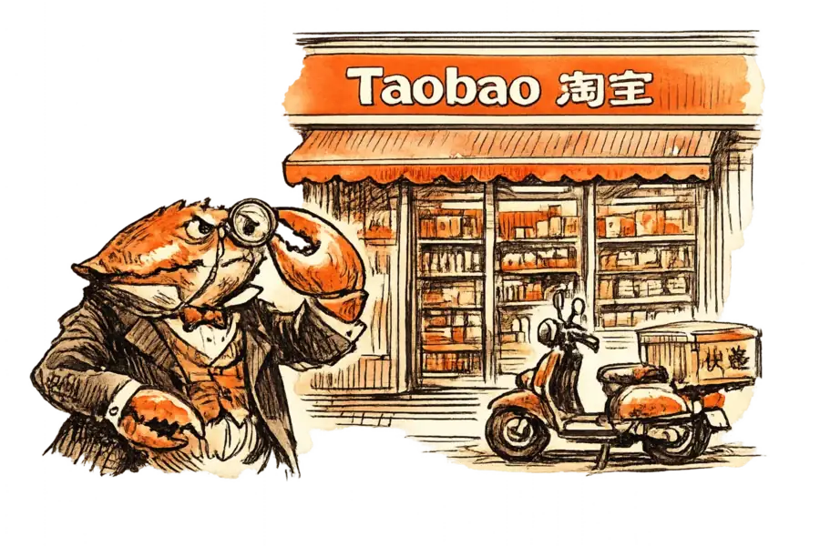 A crab in a morning coat examining a Taobao-branded convenience store storefront through a monocle, shelves loaded with products visible through the window