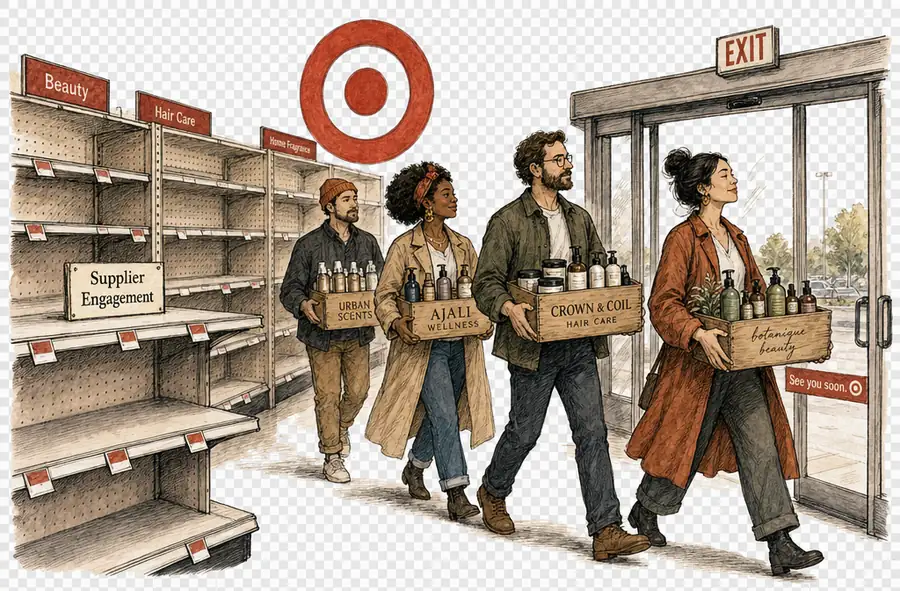 Black-owned brand founders carry crates of their products out of a Target store past empty shelves, beneath the red bullseye logo and a placard reading 'Supplier Engagement.'