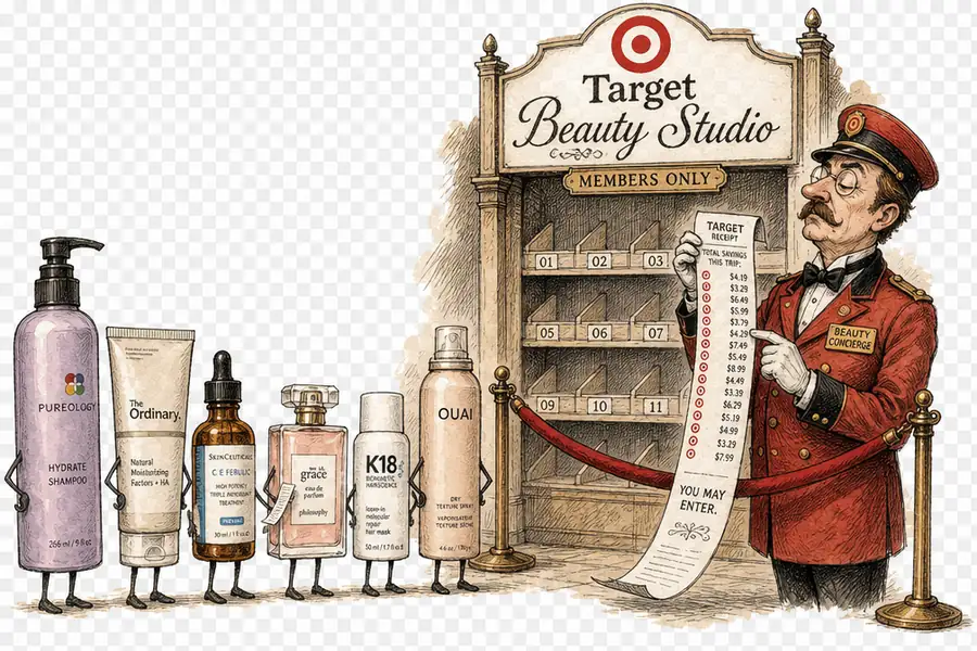A velvet rope across a Target Beauty Studio aisle while a uniformed door attendant inspects sales receipts held up by a queue of waiting cosmetics bottles.
